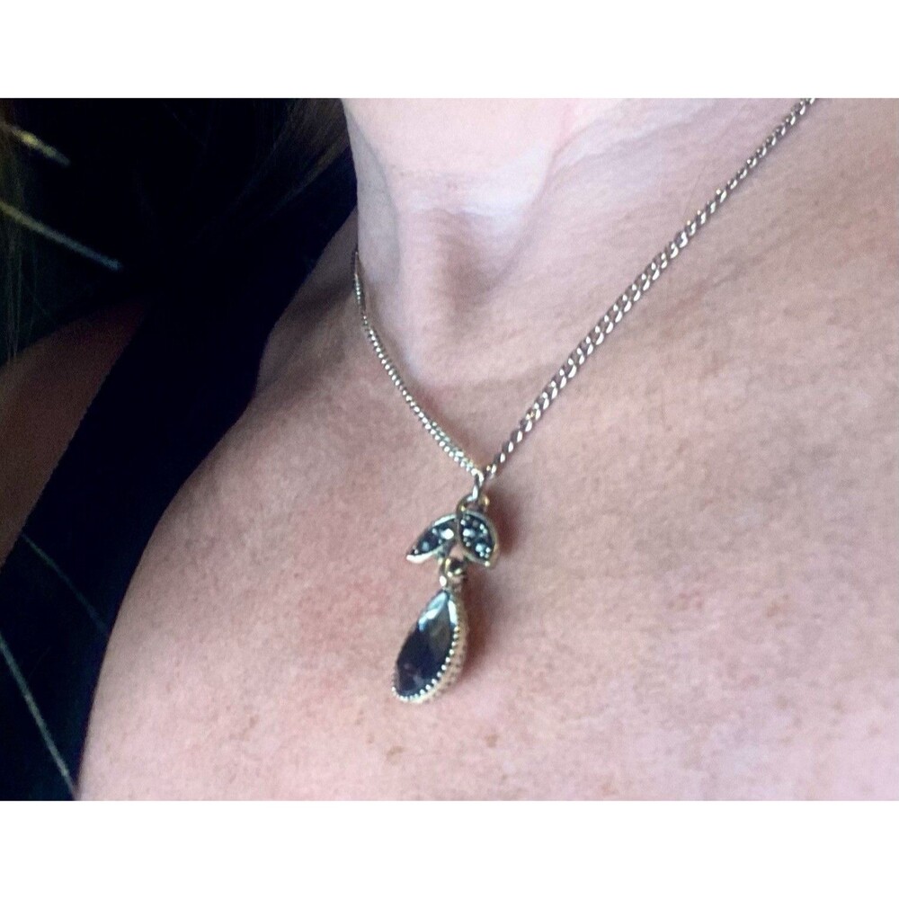 Smoky Gray Teardrop Pendant Necklace Marcasite Leaves Victorian Goth Antiqued